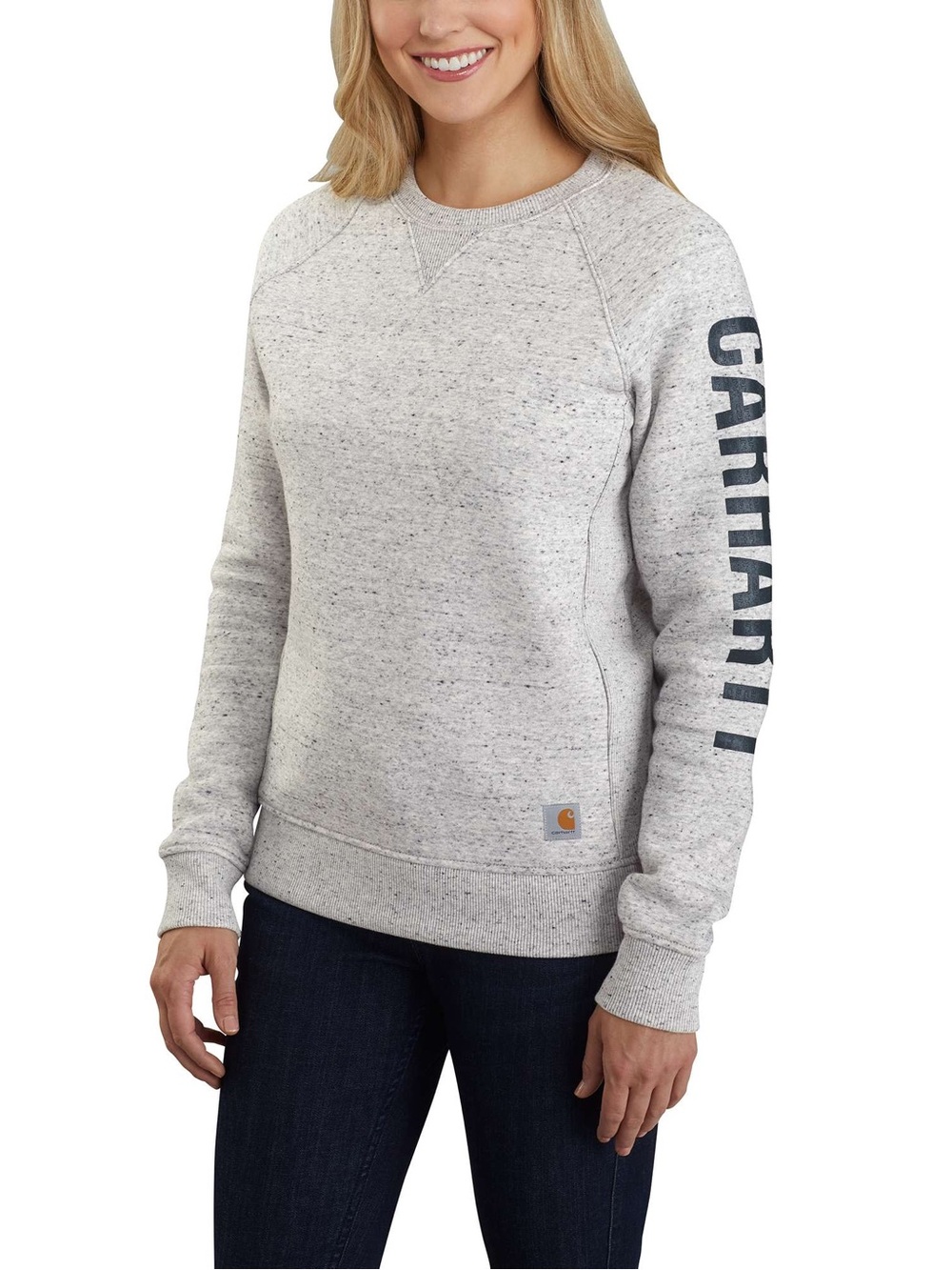 Carhartt Women's Heather Gray Crew Sweatshirt with Sleeve Logo